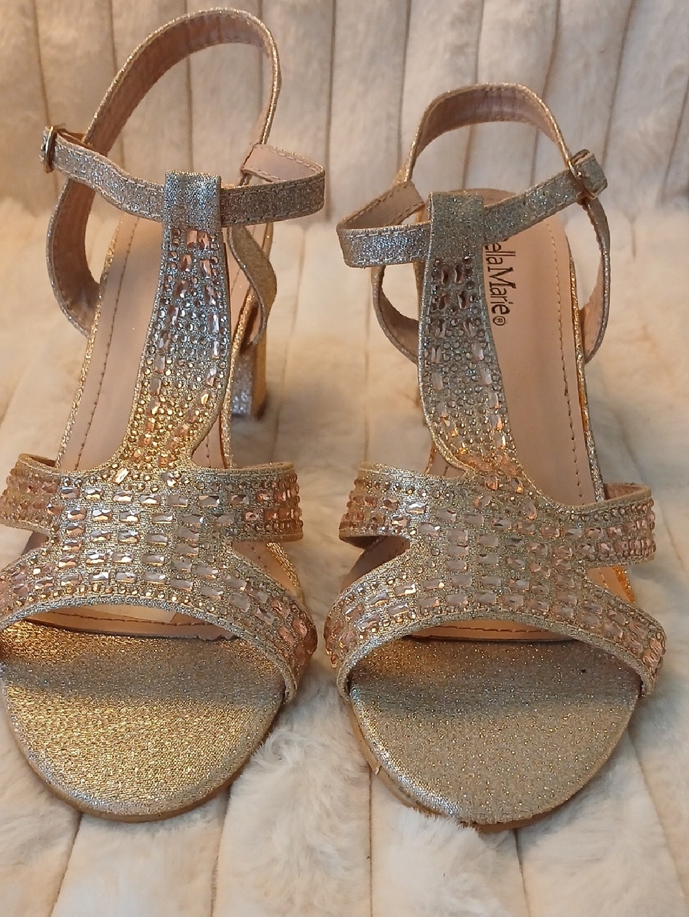 Women's Gold T-Strap Evening Heels
